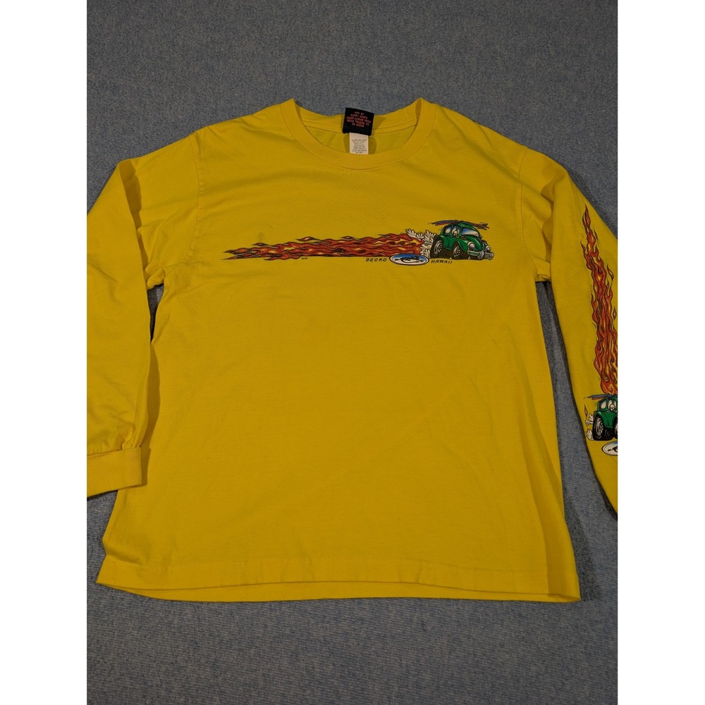 Vintage Gecko Hawaii Yellow Long Sleeve Graphic T-Shirt VW Beetle Flames Mens S